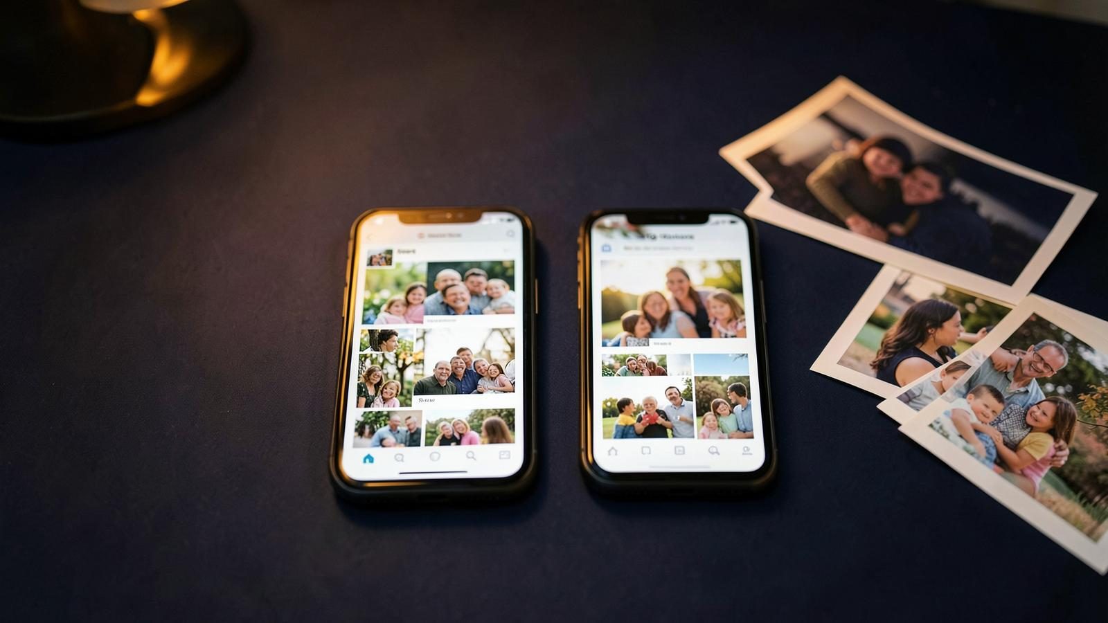 Ancien et nouveau téléphone entourés de photos de famille