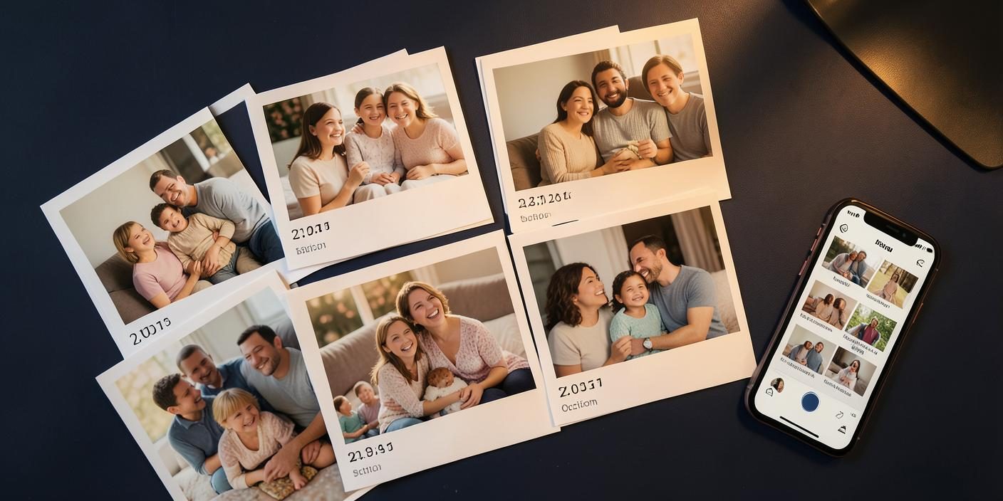 Photos de famille triées par moments sur une table